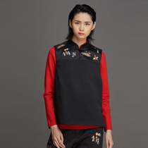 (mustard original) Long Lok China Wind Chinese style Collar Shoulder and Shoulder Scatter Printed Improved Tang Dress Cotton Marclamping Woman