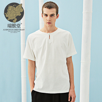 (Mens Ruins) Light Snow China Wind New Chinese Pan Button Designers White Round Collar Pure Cotton T-Shirt Man