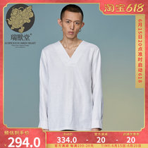 (Menswear Veterinary Hall) Remain in white China Wind Hemp V Collar Design Casual Fashion Short Long Sleeve Mens Cotton Shirt