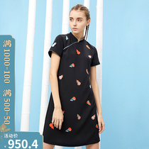 (mustard original) Xi and Chinese wind upright collar printed one-piece dress wrapping design improvement qipao