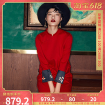 (mustard original) Uncentralized retro Chinese Red Collar Cuff Printed Design Improved Tandem Dress Qipao Dress