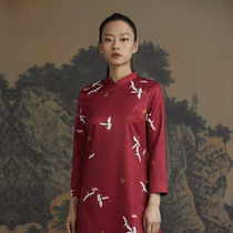 (Mustard original) Yu Yin Chinese style retro design stand collar seven-point sleeve crane print cheongsam dress