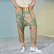 (Mustard original) moving Chinese style green landscape printing nine-point crotch pants couple Haren pants women