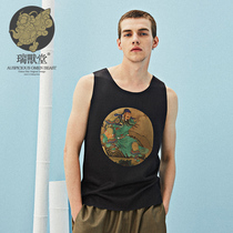 (Mens Beast Hall) Gentian China Wind Round Pilotside Printed Design Trend Personality Youth Vest T-Shirt