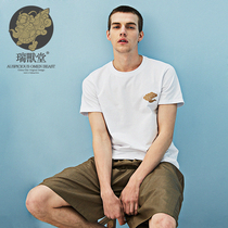 (Mens Ery Veterinary Hall) Lone Cloud China Wind Xiang Clouds Printed Design Round Collar Pure Cotton Minimalist White Short Sleeve T-shirt