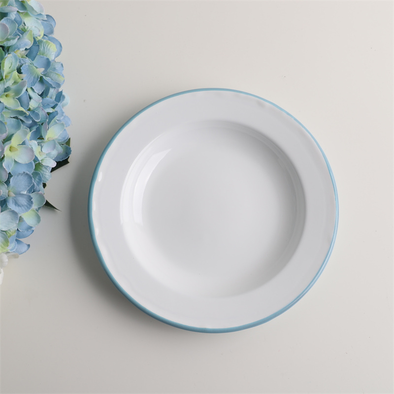 Impression Enamel Exported to the Usa White Tiffany Blue Breakfast Enamel Round Plate Thickened Tableware Dish Flat Plate