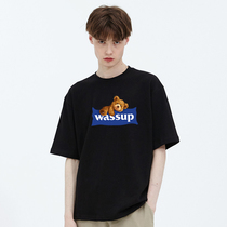 WASSUP Cartoon Bear Printed Heavy Lbs Short Sleeves Summer 100 Hitch Loose T-Shirt Male Trendy Bottom Blouse Lovers