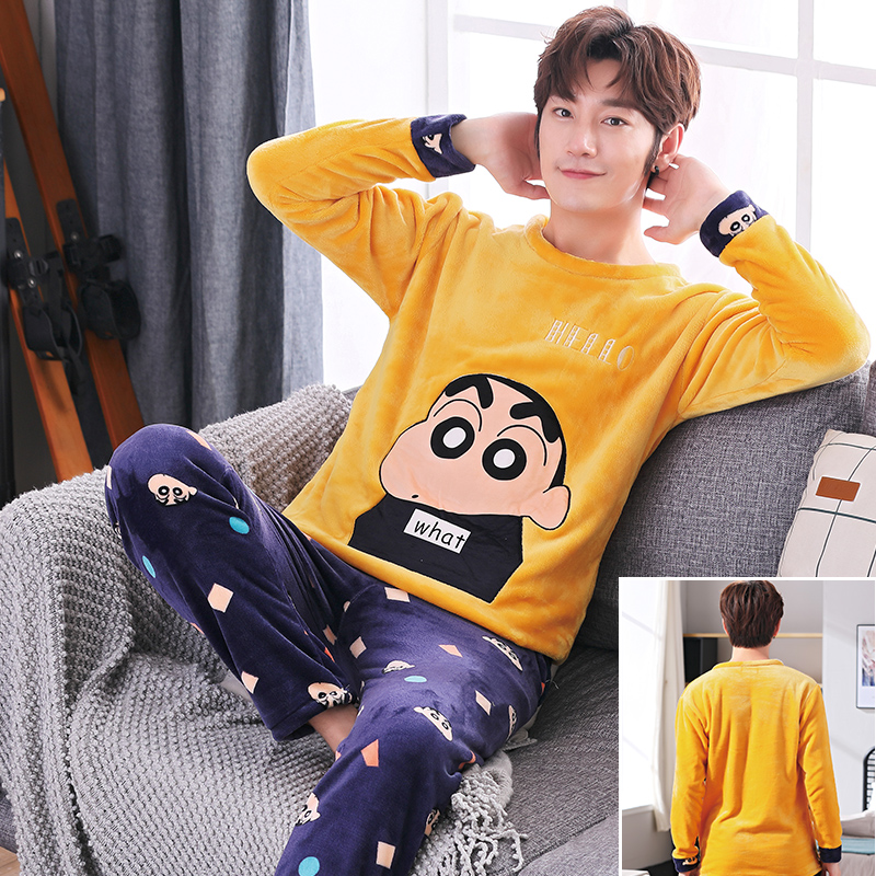 Pajamas Men's Autumn Winter Coral Suede Teenagers Thickened Warm Winter Junior High School Student Flannel Enlargement Yard suit