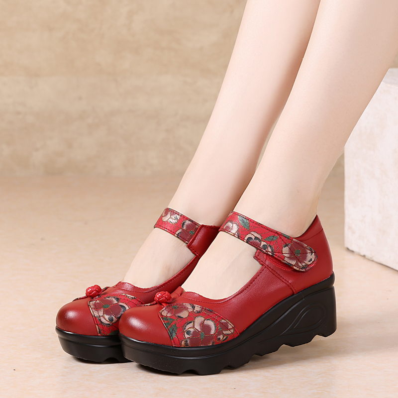 Spring and Autumn Retro Chinese Style Women's Shoes, Middle-Aged Wedge-Heeled Thick-Soled Shoes, Genuine Leather Ethnic Style Handmade Genuine Leather Mother's Shoes