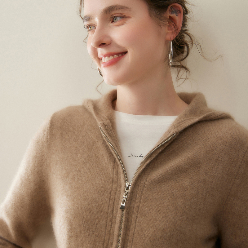 New Autumn and Winter 100% Pure Cashmere Cardigan for Women, Thickened Zipper Hooded Sweater, Loose Knitted Base Shirt Jacket