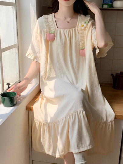 带胸垫公主风睡裙女夏季短袖可爱花朵薄款家居服夏天宽松孕妇睡衣