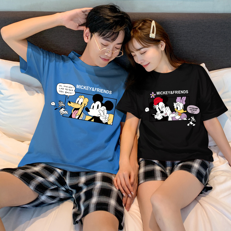 Couple pajama cô gái dễ thương Chuột Mickey ròng đỏ nổ bông cotton mùa hè mens mỏng nhà quần áo hai mảnh bộ có thể kiệt sức.