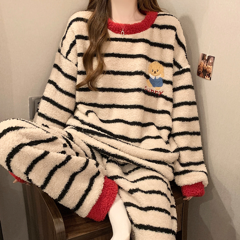 Striped Bear Coral Fleece Pajamas for Women, Autumn and Winter 2026 New Thickened Half-Fleece Winter Loungewear Set