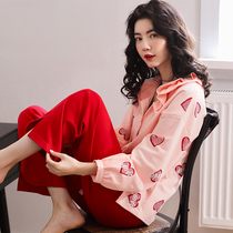 Pajamas womens spring and autumn cotton long sleeves cute casual cardigan womens Korean version of cotton can be outfitted home wear suit