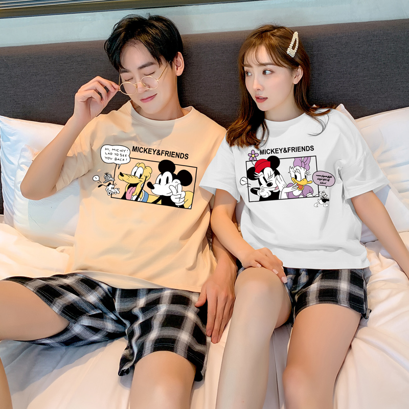 Couple pajama cô gái dễ thương Chuột Mickey ròng đỏ nổ bông cotton mùa hè mens mỏng nhà quần áo hai mảnh bộ có thể kiệt sức.