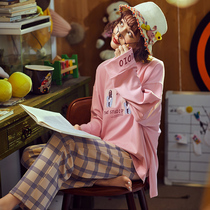 Autumn cotton pajamas ladies round neck Plaid home clothing cotton spring and autumn loose can be worn outside the home suit