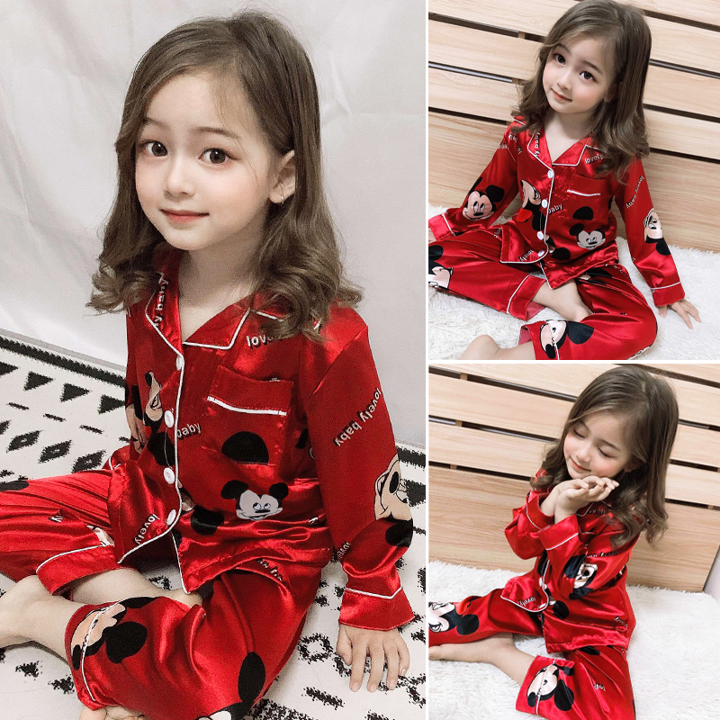 Children's pajamas girls baby spring and autumn ice silk thin style girls mother and daughter parent-child red new year home clothes