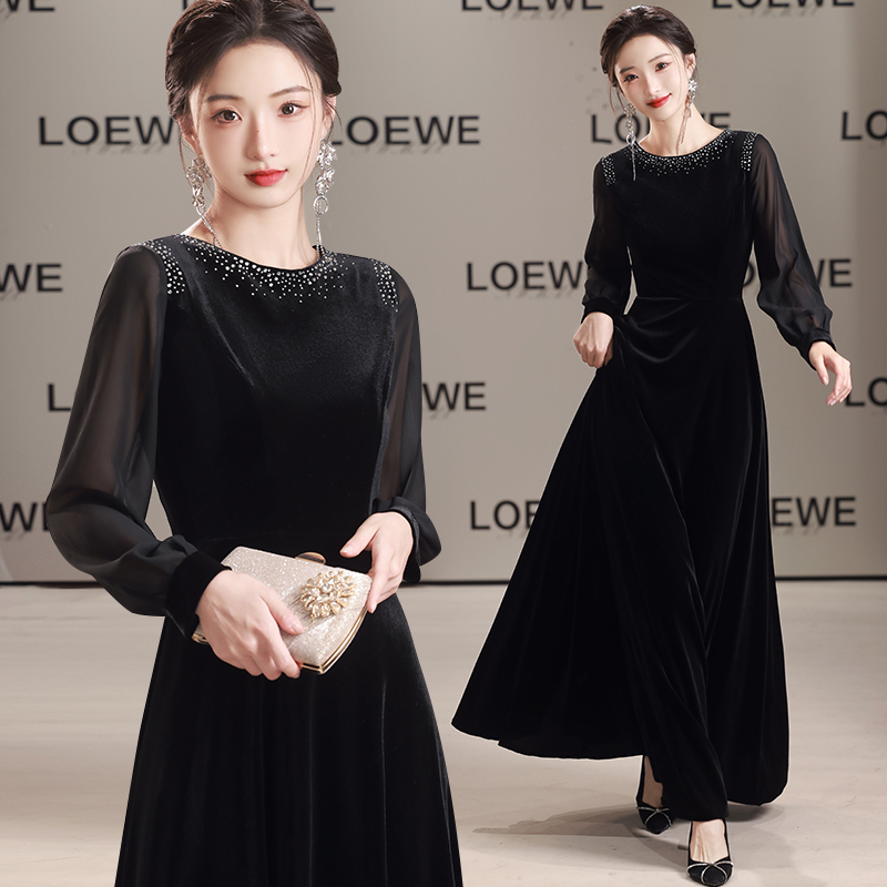 Choir Performance Costume Women's Long Dress Art Exam Host Piano Recital Solo Conductor Costume Black Evening Dress