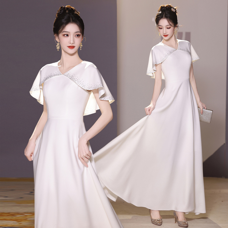 White Evening Gown for Women, Choir Performance Long Dress, Piano Performance Conductor Outfit, High-End Host Dress for Adults White Evening Gown for Women, Choir Performance Long Dress, Piano Performance Conductor Outfit, High-End Host Dress for Adults