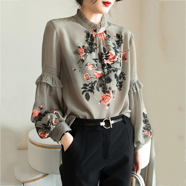 2023 new long-sleeved plus-size women's clothing early autumn top lady chiffon shirt spring and autumn clothing silk mulberry silk