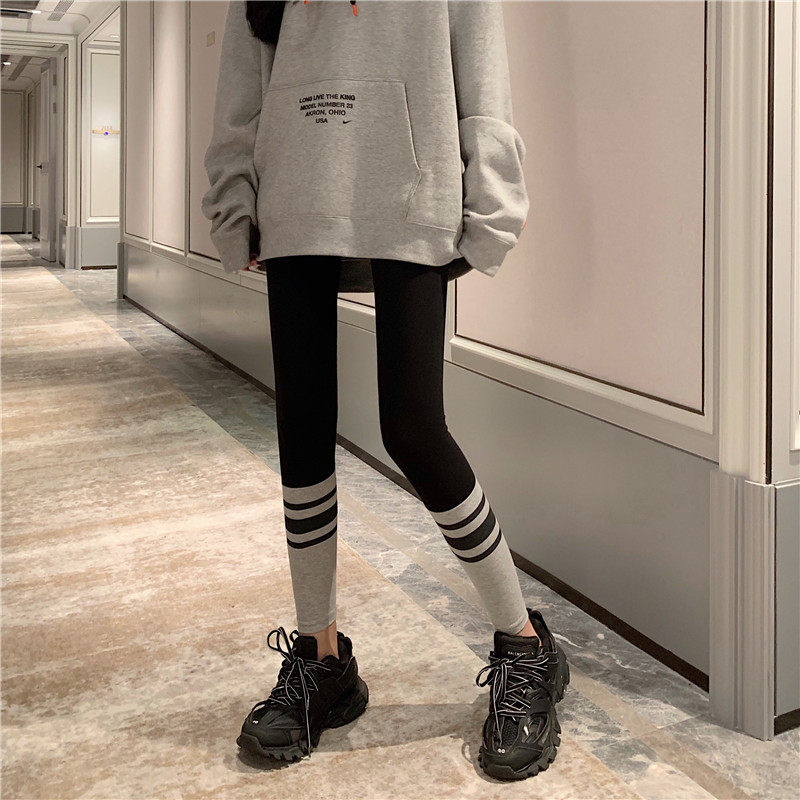 Inner Lap Pants Woman 2022 new spring Stripes Coloured high waist small feet elastic tight 90% outer wearing winter clothing pants