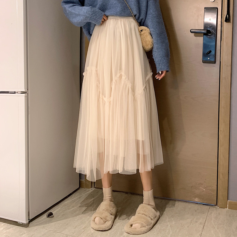 a-line mesh skirt women's 2022 new mid-length spring and autumn high waist net red fairy style all match skirt