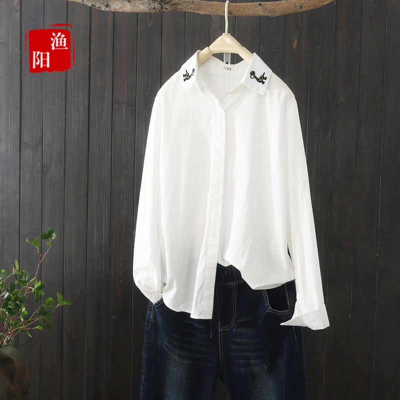 Xuân 2018 mới áo cotton trắng nữ văn học fan thêu thêu đáy áo sơ mi đầu thu áo sơ mi lỏng lẻo áo sơ mi nữ