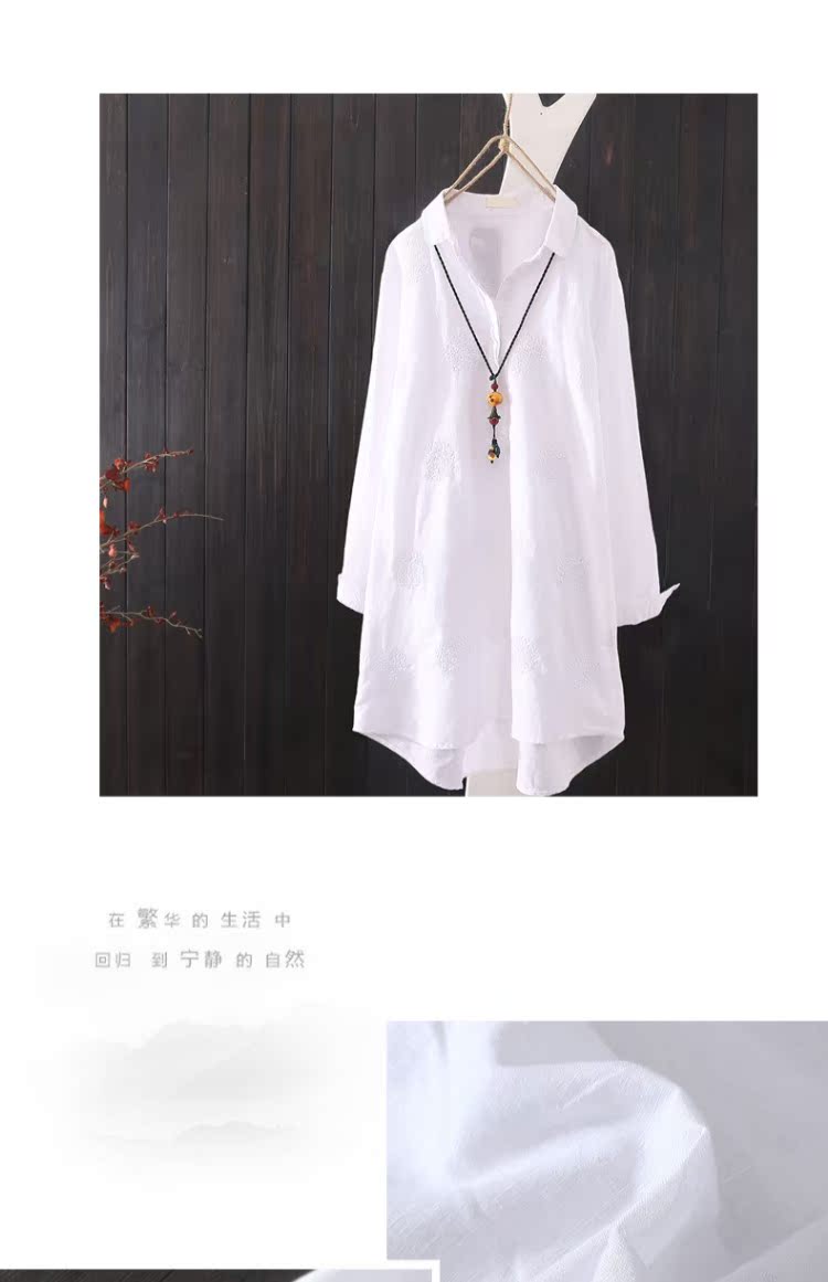 Xuân 2018 mới buông lơi cỡ lớn áo dài văn học thêu hoa cotton nữ áo dài tay bằng vải lanh áo kiểu nữ công sở