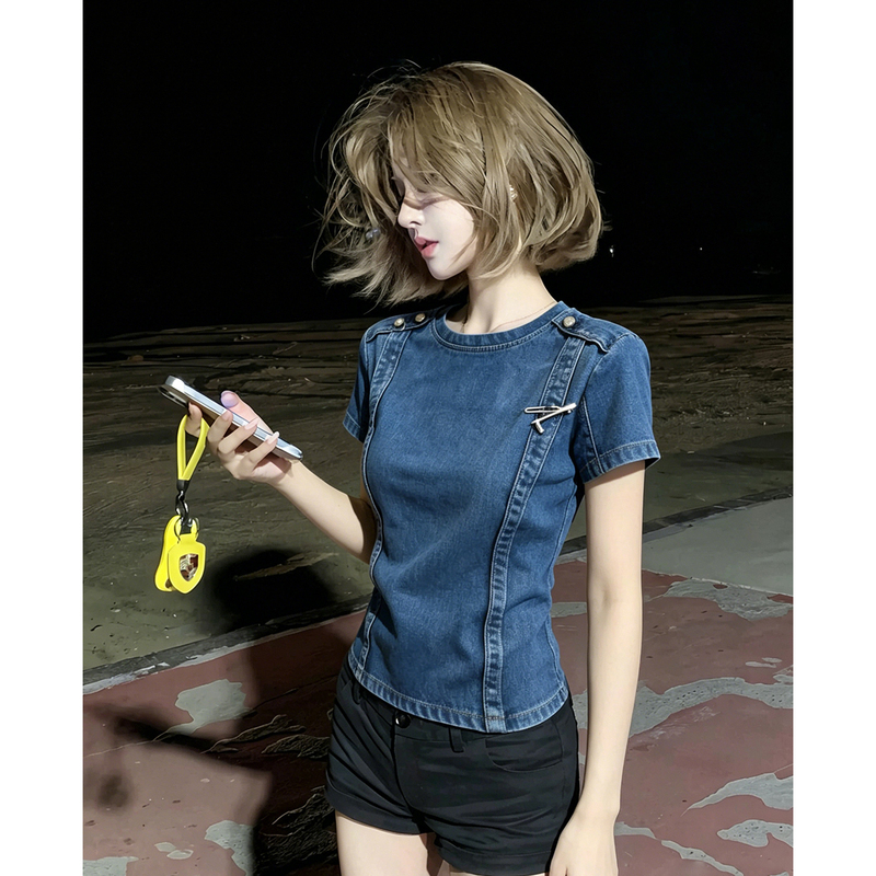 Lym Studio Denim-Style Short-Sleeved T-Shirt for Women, Summer Blue Design, Niche, Age-Reducing, High-End Top