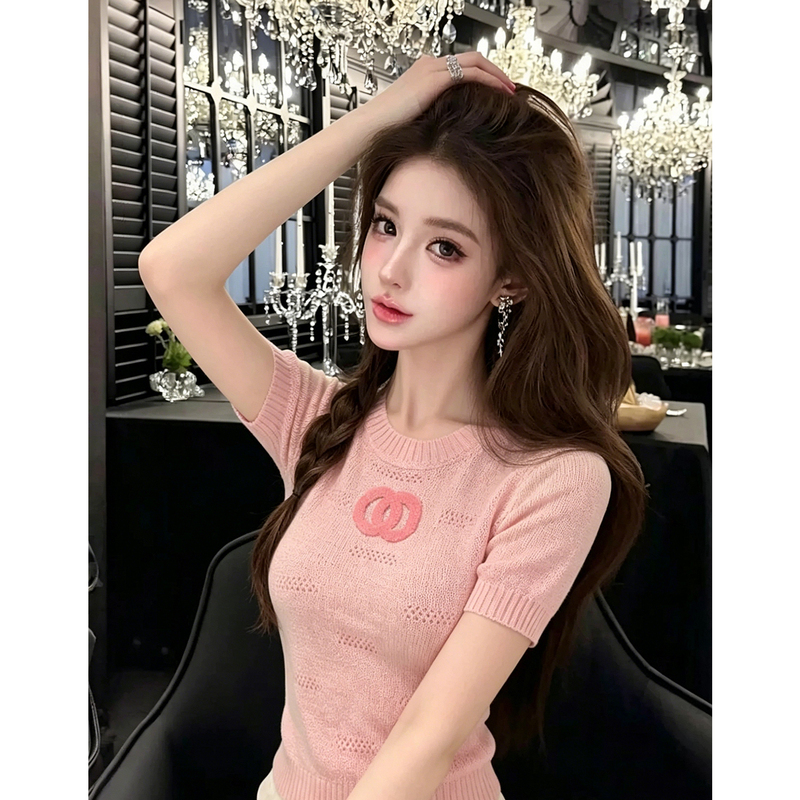 Lym Studio French Style Pink Short-Sleeved Knitwear for Women, Summer High-End Round Neck Embroidered Top Lym Studio French Style Pink Short-Sleeved Knitwear for Women, Summer High-End Round Neck Embroidered Top