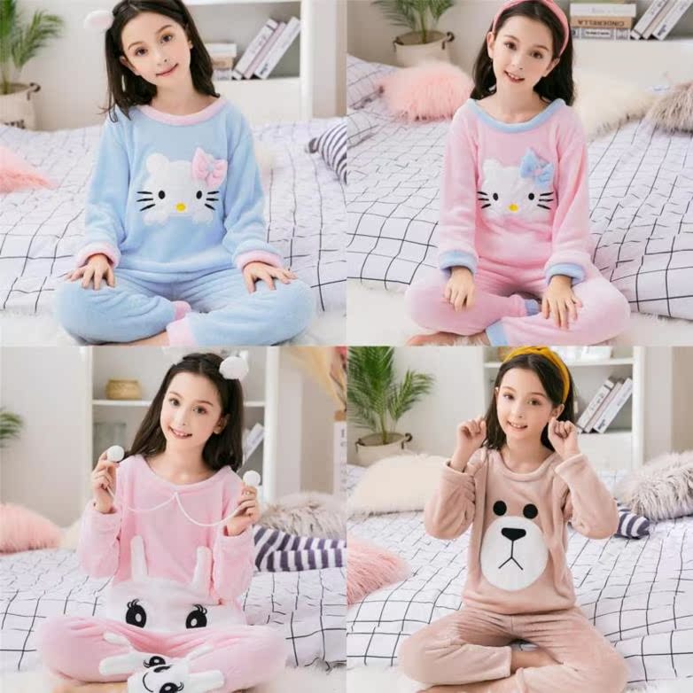 Mùa xuân và mùa thu. Trẻ em mùa thu / mùa đông pajama set cô gái mảnh của nhung san hô ấm mỏng cộng với nhung dài tay quanh cổ áo chị nam.