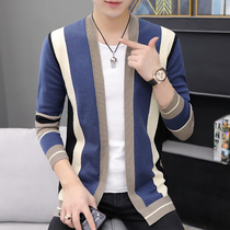 Autumn striped sweater jacket mens thin slim style Korean version of fashion brand personality wool knitted cardigan mens tide wear