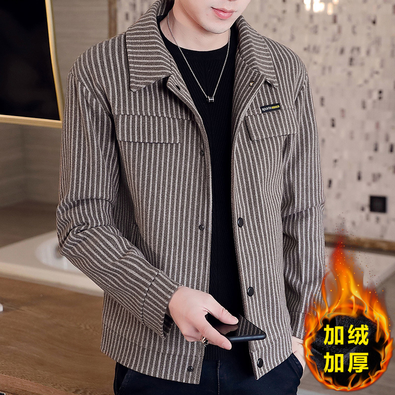 Mao jacket male short plus thicker Han edition autumn and winter stripes English windshirt men wear wear mens fix jacket
