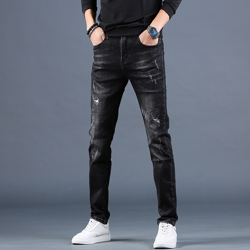 Stretch men's hole jeans slim thin legs pants Korean version of the trend straight black Ruffian handsome men pants