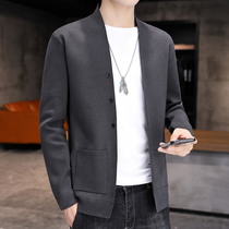 Mens wool cardigan sweater Korean autumn trend slim thin solid color wild wild small coat