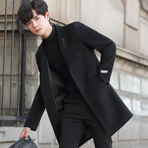 Wool coat mens long autumn and winter woolen Korean version of thick British trench coat trend lapel niece coat
