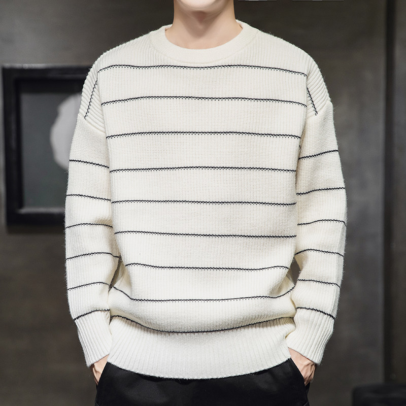 Autumn Winter Round Collar Loose sweater Male Boomers Lazy Wind 2022 new Japanese Department Warm Needles Jersey Striped Thickened Wire Clothes 