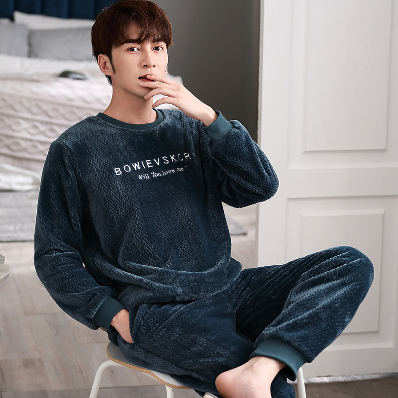 Men's sleepwear autumn and winter style plus suede thickened coral suede long sleeve suit Spring fall flannel dad's home clothes