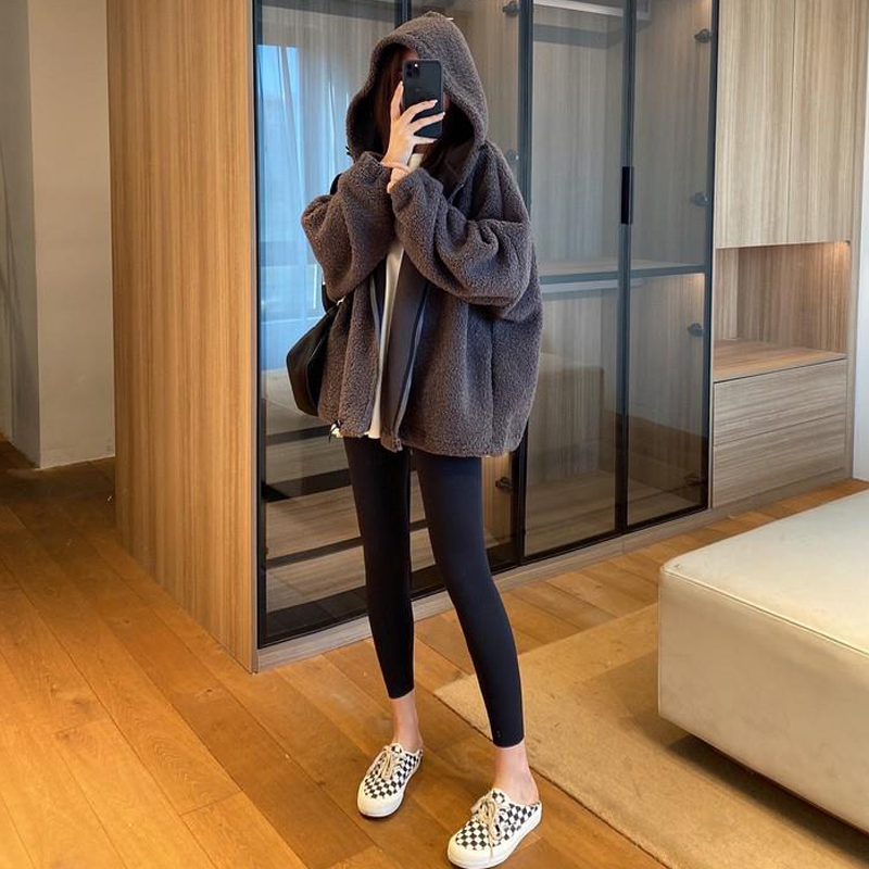 Trendy Lamb Wool Hooded Jacket for Women, New Autumn and Winter Style, Loose and Casual, Fleece-Lined and Thickened, Student Zip-Up Cardigan