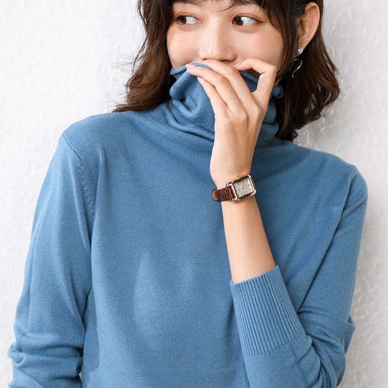 秋冬毛衣女加厚堆堆领修身长袖短款套头高领毛衣针织打底衫大码