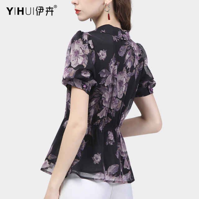 Printed chiffon shirt women's summer new suit collar all-match shirt temperament short-sleeved shirt fashion slim