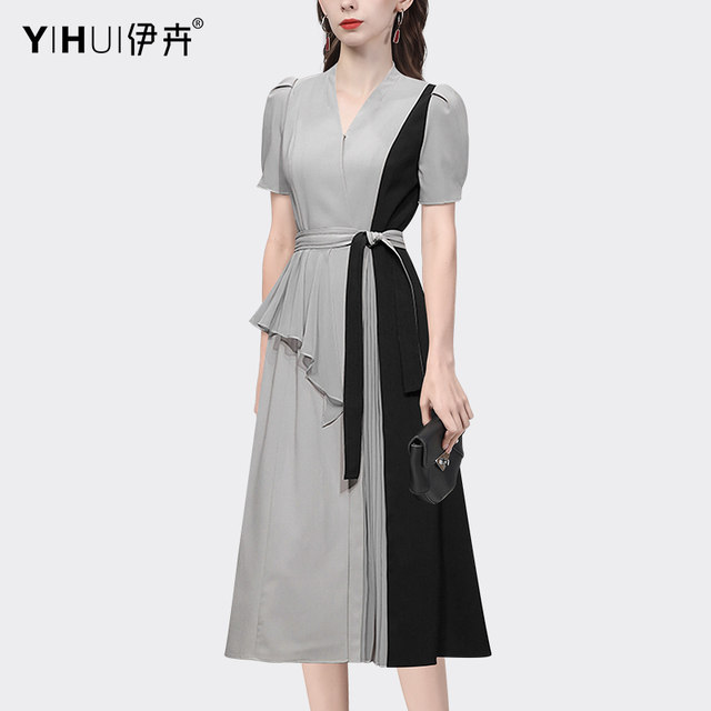 European station color contrast stitching suit skirt female design puff sleeve temperament chiffon dress 2023 summer new