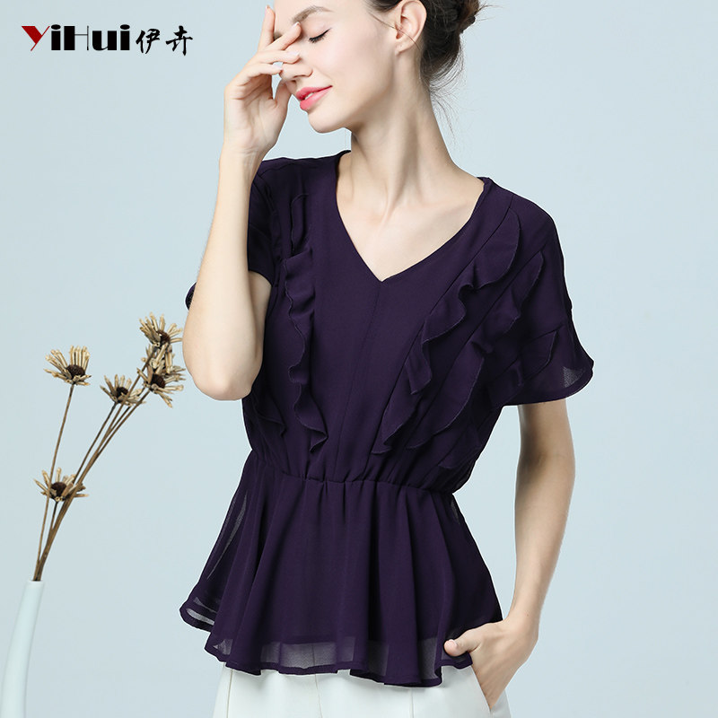 Chiffon blouse blouse waist waist show thin T shirt V collar solid color large matching flounce 2020 summer new style