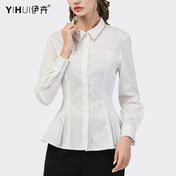 European station beaded women's waist shirt cotton long-sleeved polo collar casual occupation all-match top spring new shirt