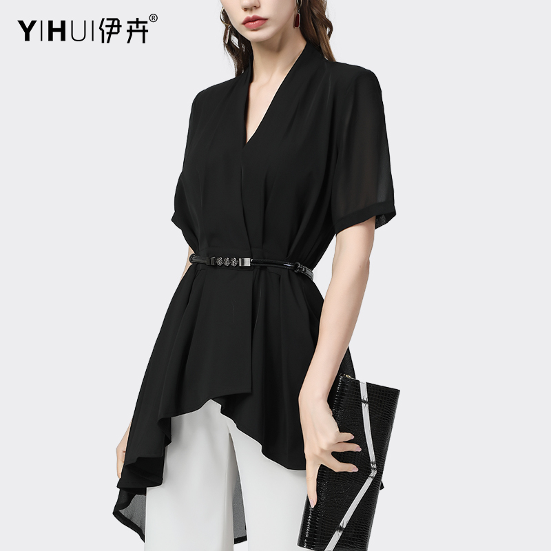 Chiffon Shirt for Women, Summer Short-Sleeved, Waist-Cinching, Slimming V-Neck Top, Irregular Mid-Length Swallowtail Shirt, Elegant Blouse