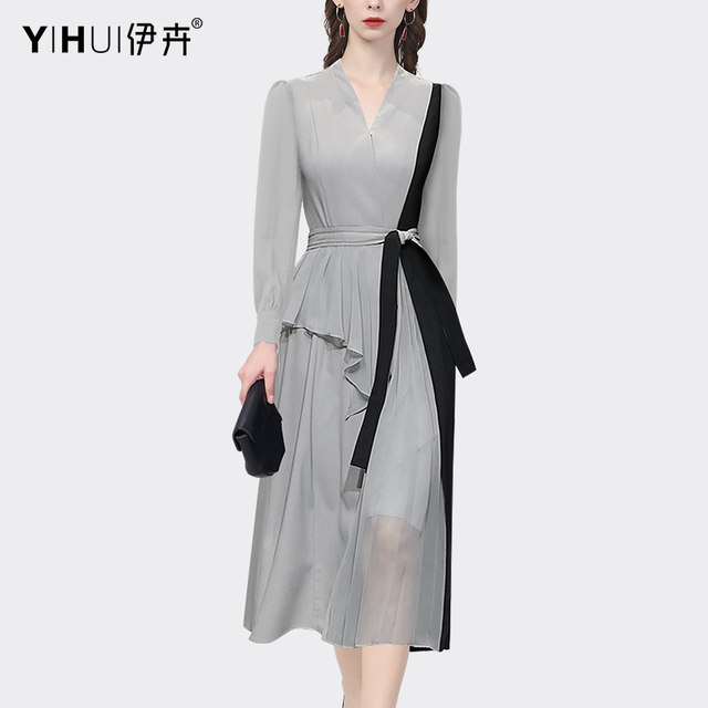 European station color contrast stitching suit skirt female design puff sleeve temperament chiffon dress 2023 summer new