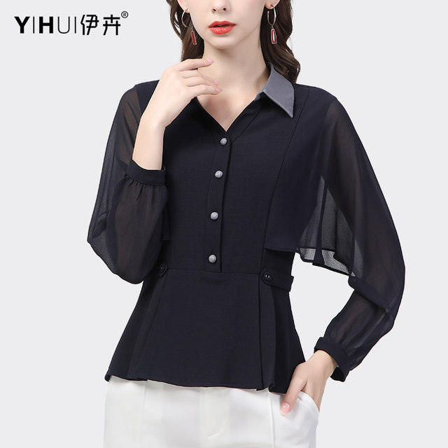 European autumn new long-sleeved chiffon shirt women's fashion polo collar professional temperament shirt foreign style age-reducing shirt