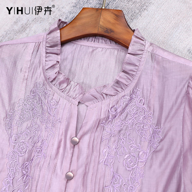 European goods embroidered satin shirt women's loose and thin temperament lantern sleeve top design sense of foreign style age-reducing shirt spring