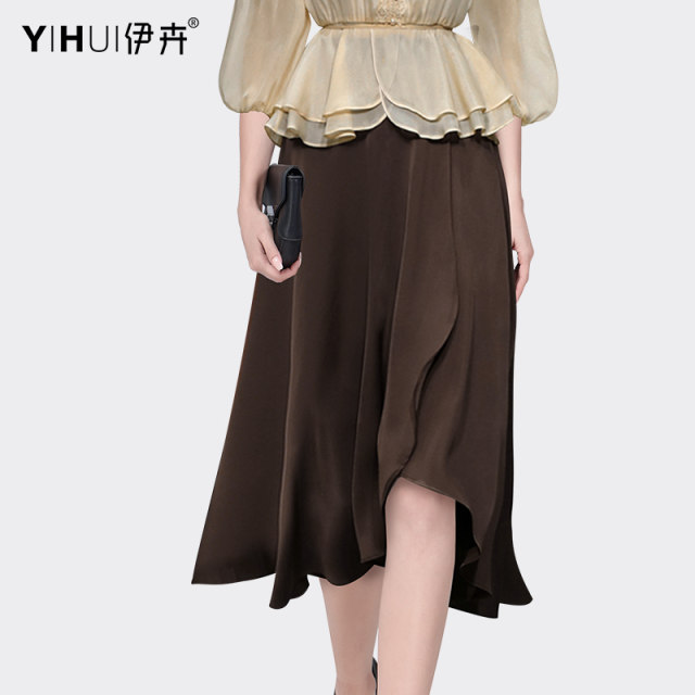 European Summer Puff Sleeve Chiffon Shirt Ruffled Shirt Coffee Color Skirt Suit Temperament Fashion Professional Versatile