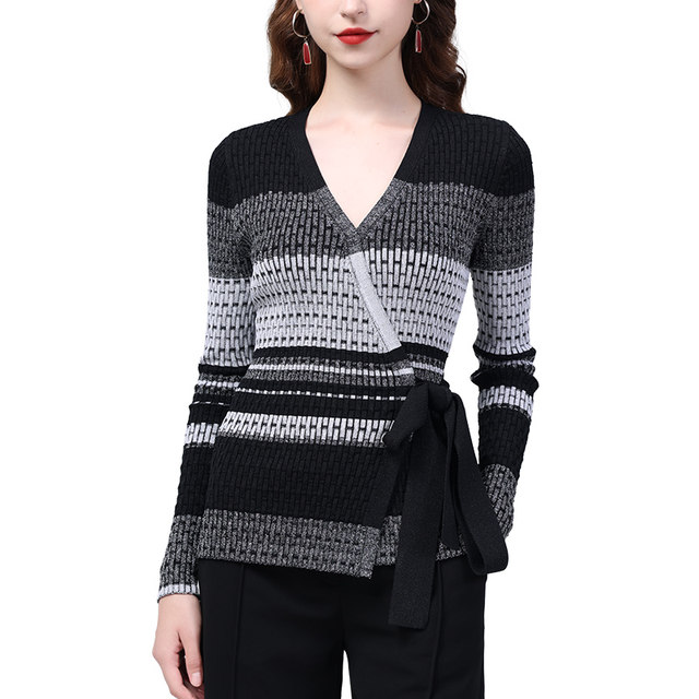 Knitwear women's long-sleeved spring, autumn and winter striped design cross v-neck sweater bottoming shirt thin section outerwear top